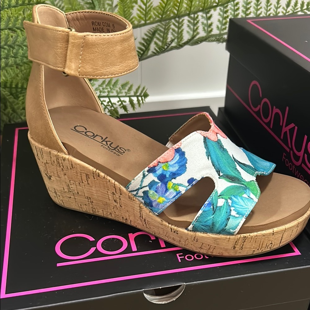 Corkys Tan and Floral Wedge Sandals- NWT
